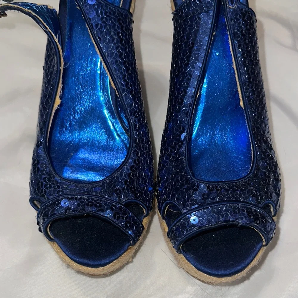 Blue Sequin Wedge Sandals Size‎ 9.5 Showoff Show Off